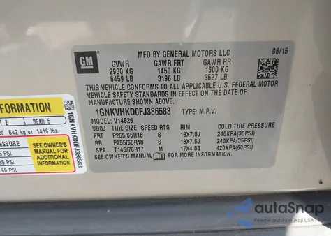 2015 Chevrolet Traverse 2Lt from USA, damaged, VIN 1GNKVHKD0FJ386583